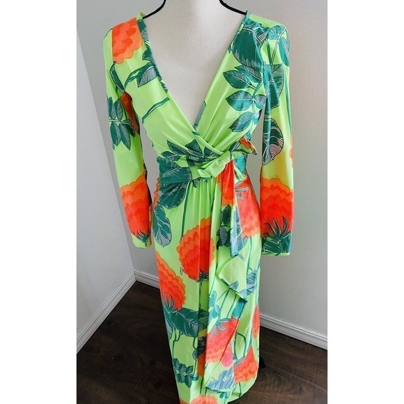 RARE Vtg 60s 70S ROBERT-DAVID MORTON Giant FLORAL Print TRUMPET Hem MAXI Dress S - Picture 2 of 13
